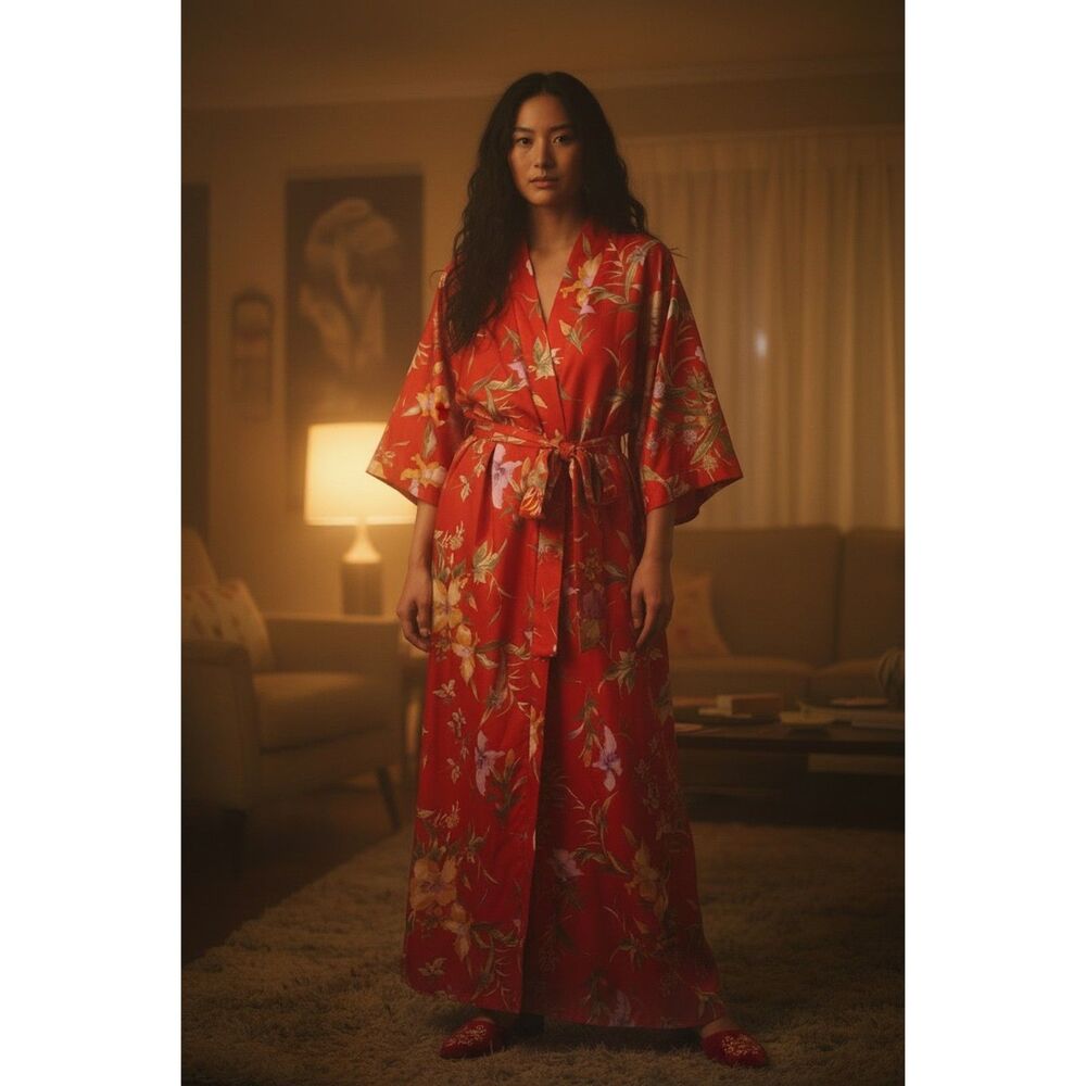 Vintage JCPenney Floral Kimono Robe Medium Red Tropical Maxi Duster 70s 80s